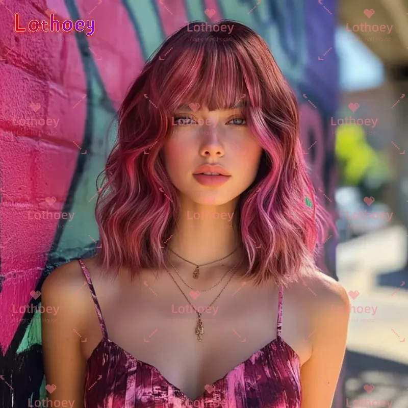 Парик из натуральных волос розового цвета с челкой, короткая прическа, женский парик, легко носить, подходит для различных вечеринок и косплея