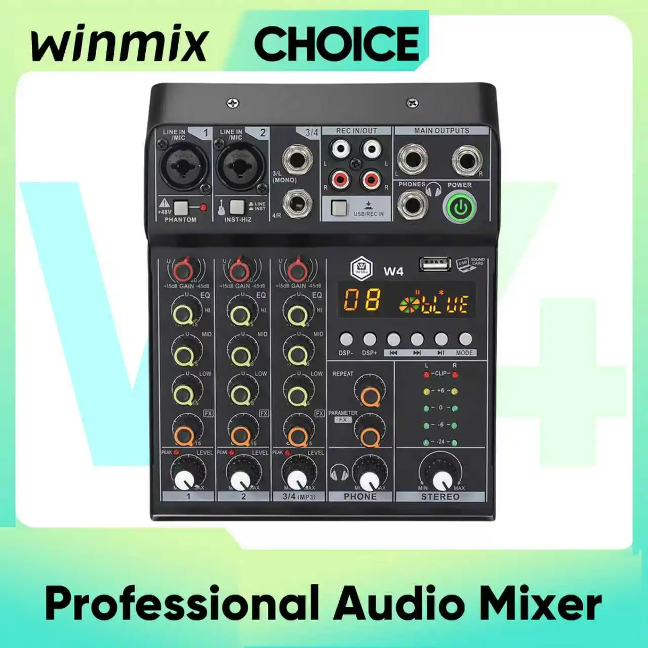 WINMIX W4 Mezclador de audio de 4 canales 16DSP 48V Phantom Power Mezcladores de sonido USB Consola Bluetooth Mezcla para Karaok DJ Stage Family KTV