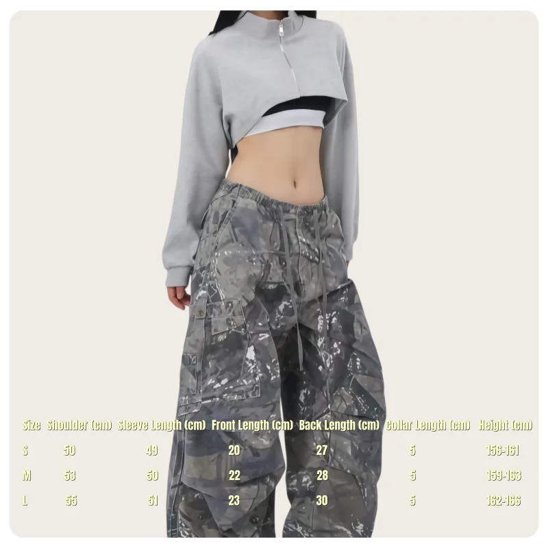 Korean Street Dance Style Women's Gray and Black Loose-Fitting Short Crop Top Zip-Up Sweatshirt