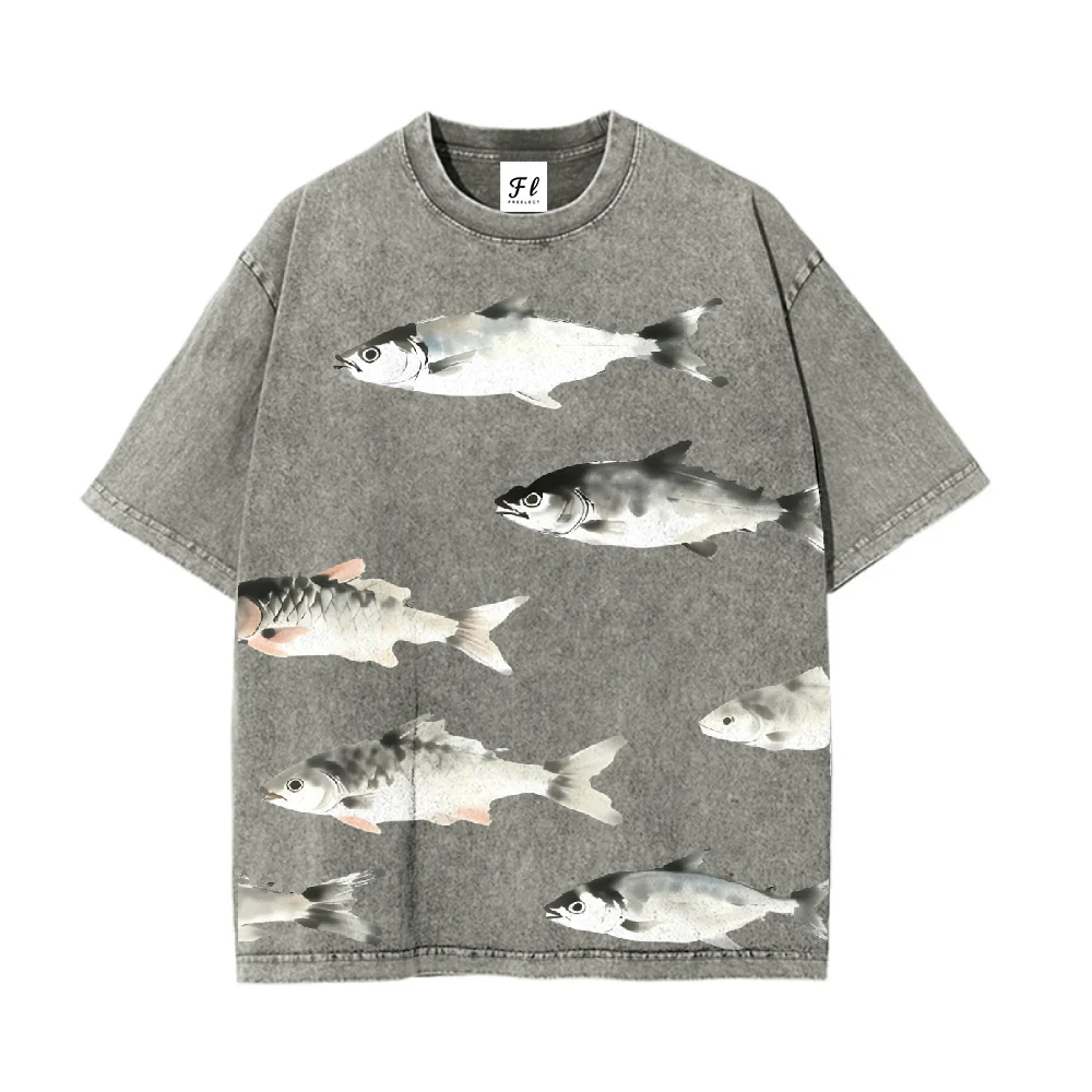 T-shirt oversize lavata vintage dal design unico di pesci inchiostro con arte di pesci acquatici e atmosfera retrò Un must per gli appassionati di moda