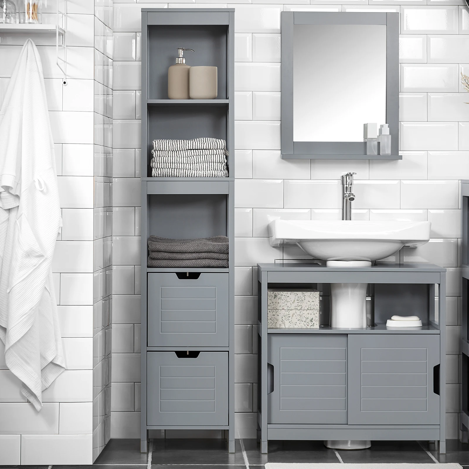 SoBuy FRG126-SG mobile alto per mensola da bagno con cuscino per i piedi mobili da bagno bagno grigio scuro BHT ca. 30x145x30 cm
