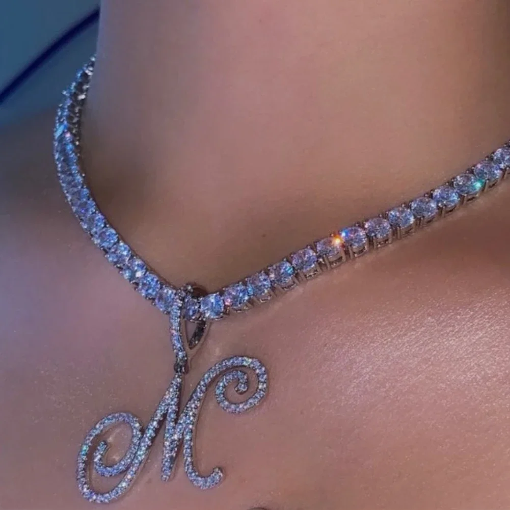 Bling Kristall Ersten Cursive Letters Anhänger Zirkon Halskette Für Frauen Männer Edelstahl