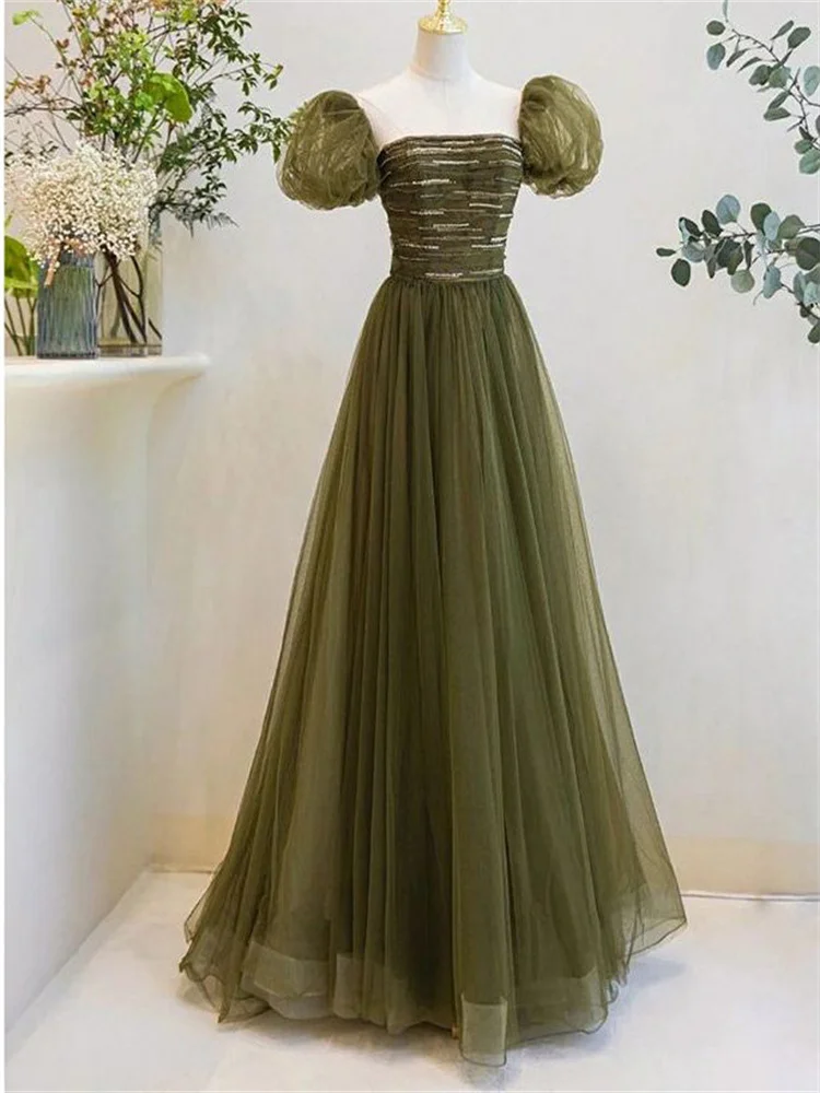 Temperament Olive Strapless Tulle Back Tie Prom Bridesmaid Detachable Short Sleeve Satin Beaded A-Line Floor Length Bridal Gowns