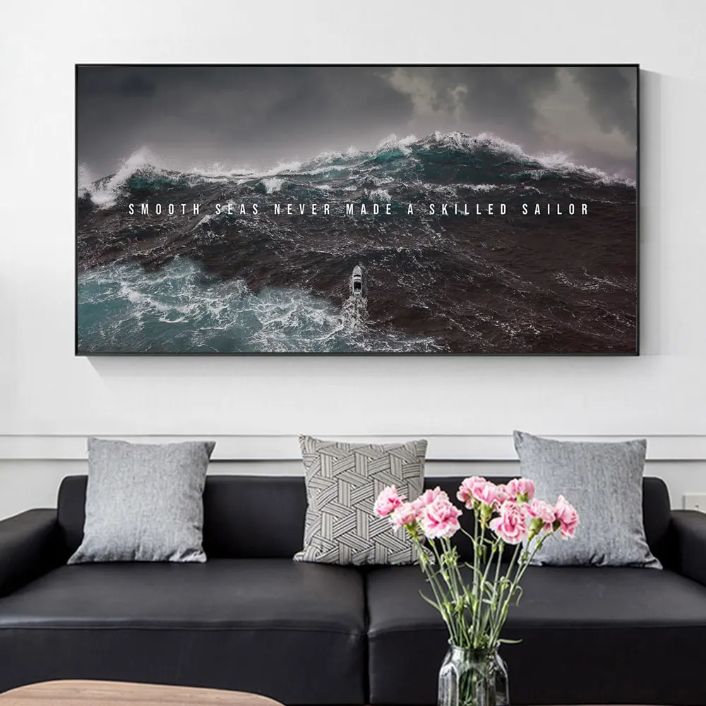 Inspirational Canvas Art Poster, Smooth Seas Never Made a Skilled Sailor Motivational Seascape Print for Office Wall, Home Decor