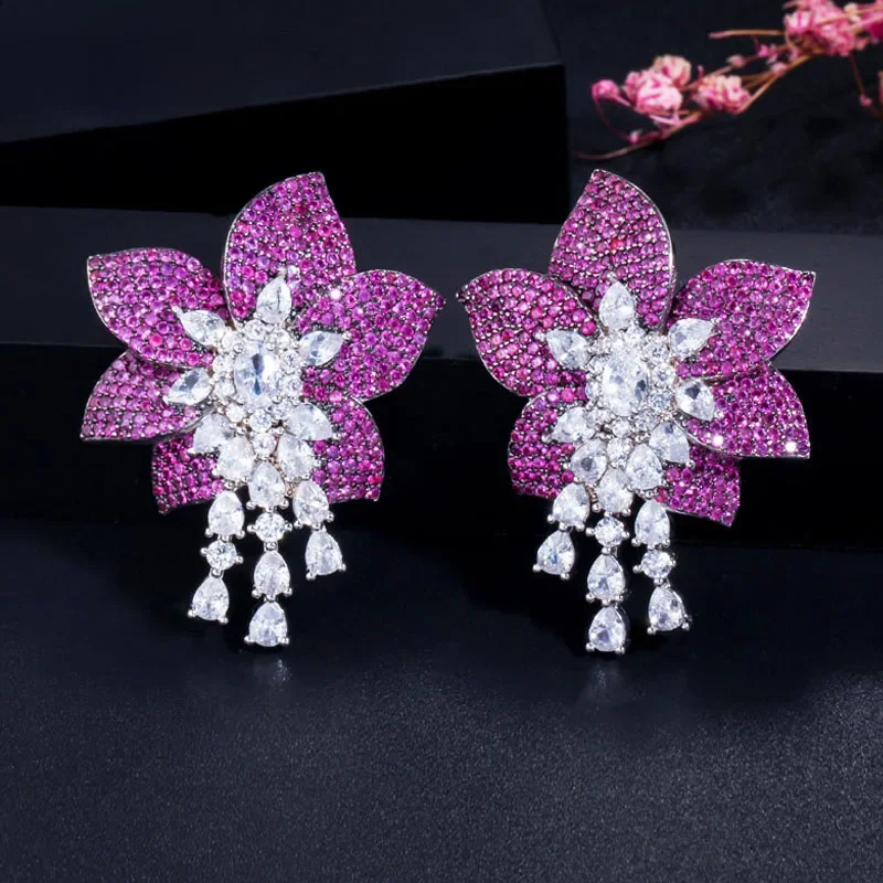 Pera eleganckie kobiety kolor srebrny biżuteria duże geometryczne Rose Red Flower Cubic cyrkon długie kolczyki wiszące dla pań Prom Party E369 — zdjęcie 2