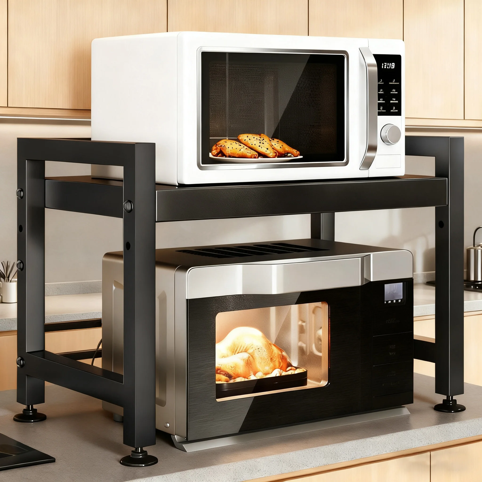 Ripiano per microonde allungabile a 2 livelli con 6 ganci per appendere, supporto per microonde con contenitore per organizer da bancone da cucina