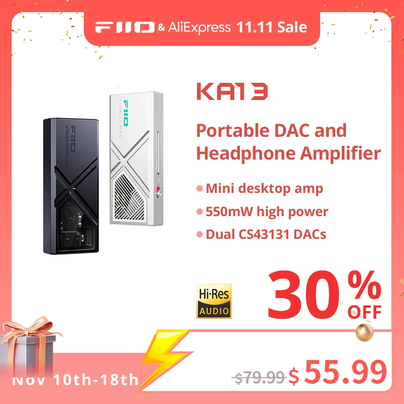 FiiO/JadeAudio KA13 Dual CS43131 Portable DAC Amplifier for IOS/Android 3.5mm and 4.4mm Balanced Output, 550mW high Power