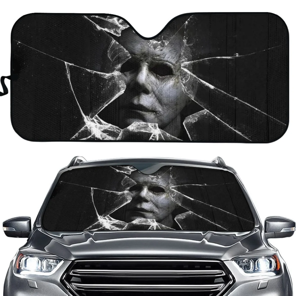 Halloween Michael Myers Shattered Glass Design Foldable Windshield Sunshade Car Window Windscreen Auto Visor Heat Reflector