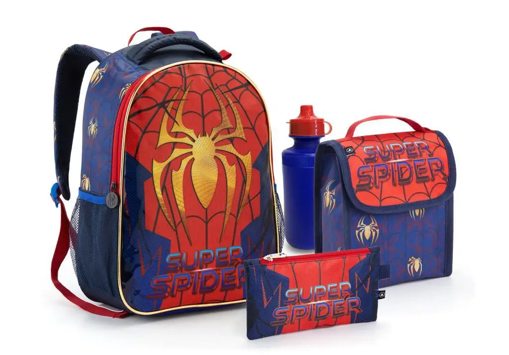 Kit Mochila escolar com lancheira garrafa e estojo Peça 4 Homem Aranha Costas masculino menino 2024