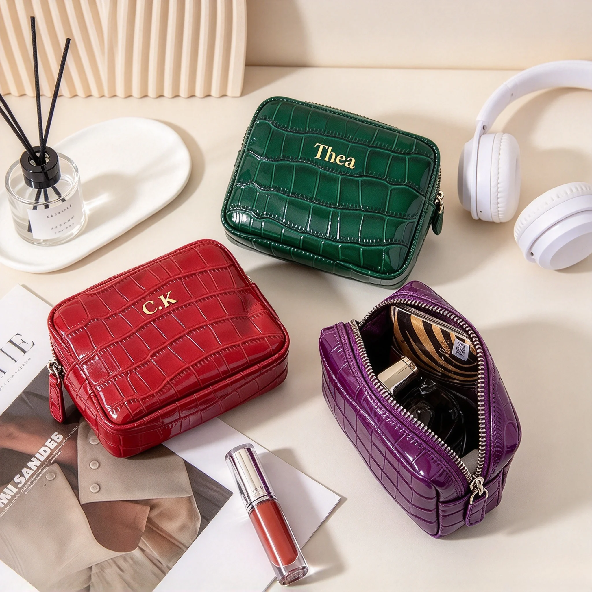 Luxury Genuine Leather Zip Coin Purse Crocodile Leather Pattern Cowhide Wallet Lipstick Cosmetic Bag Custom For Women Pouch