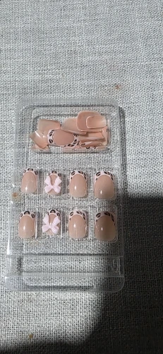 24Pcs Pink Leopard Print French Tips False Nails Short Square Head 3D Black Bowknot Fake Nails Acrylic Full Cover Press on Nails photo review