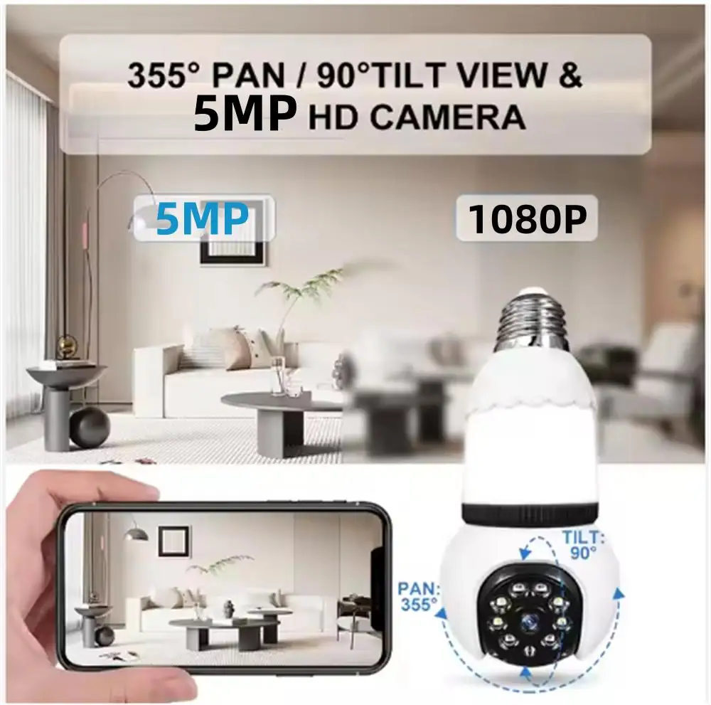 5MP E27 Bulb Camera Wifi Surveillance with LED Bulb HD PTZ 8X Zoom Smart Home Tracking Two-way Audio Night Vision Wireless Cam