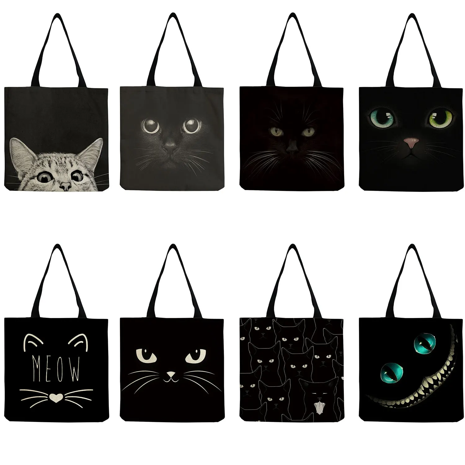 女性のための再利用可能なハンドバッグ,ショッピングバッグ,漫画のパターン,黒猫のパターン,流行のトートバッグ,大容量