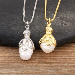 Nidin New Trendy Octopus Shape Inlaid Pearl Charm Pendant Necklace For Women Men Personality Clavicle Chain Jewelry Accessories