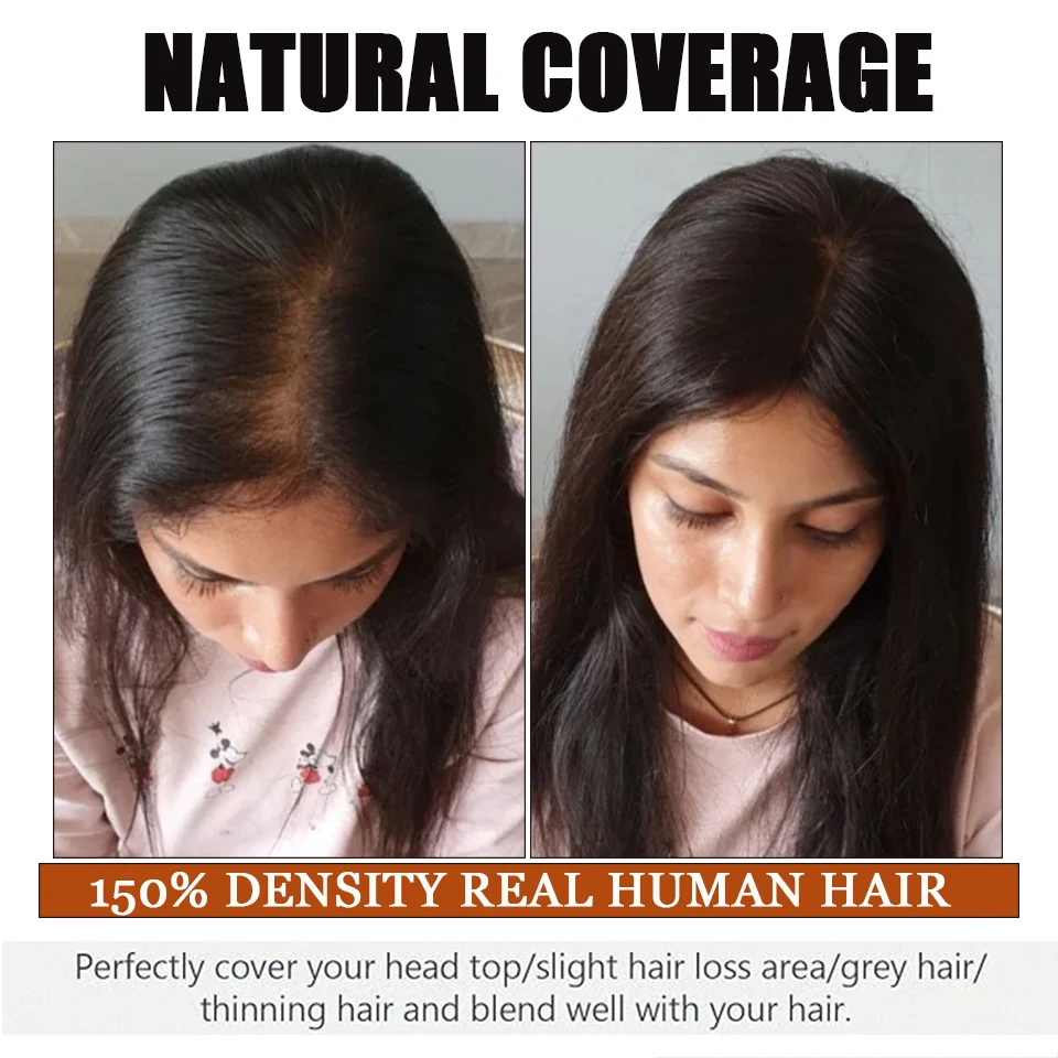 Dazzeal-Topper natural do cabelo humano com Franja para mulheres, extensões do cabelo do Toupee, grampos do cabelo para meninas, preto e marrom, diluindo