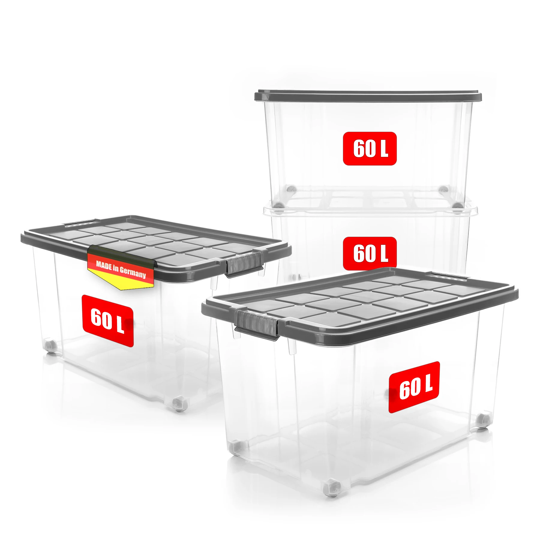 BigDean 4 Stück 60 L Aufbewahrungsbox mit Deckel groß stahlgrau - stapelbare robuste Box - rollbare Stapelbox mit festen Klickverschlüssen - Made in Germany
