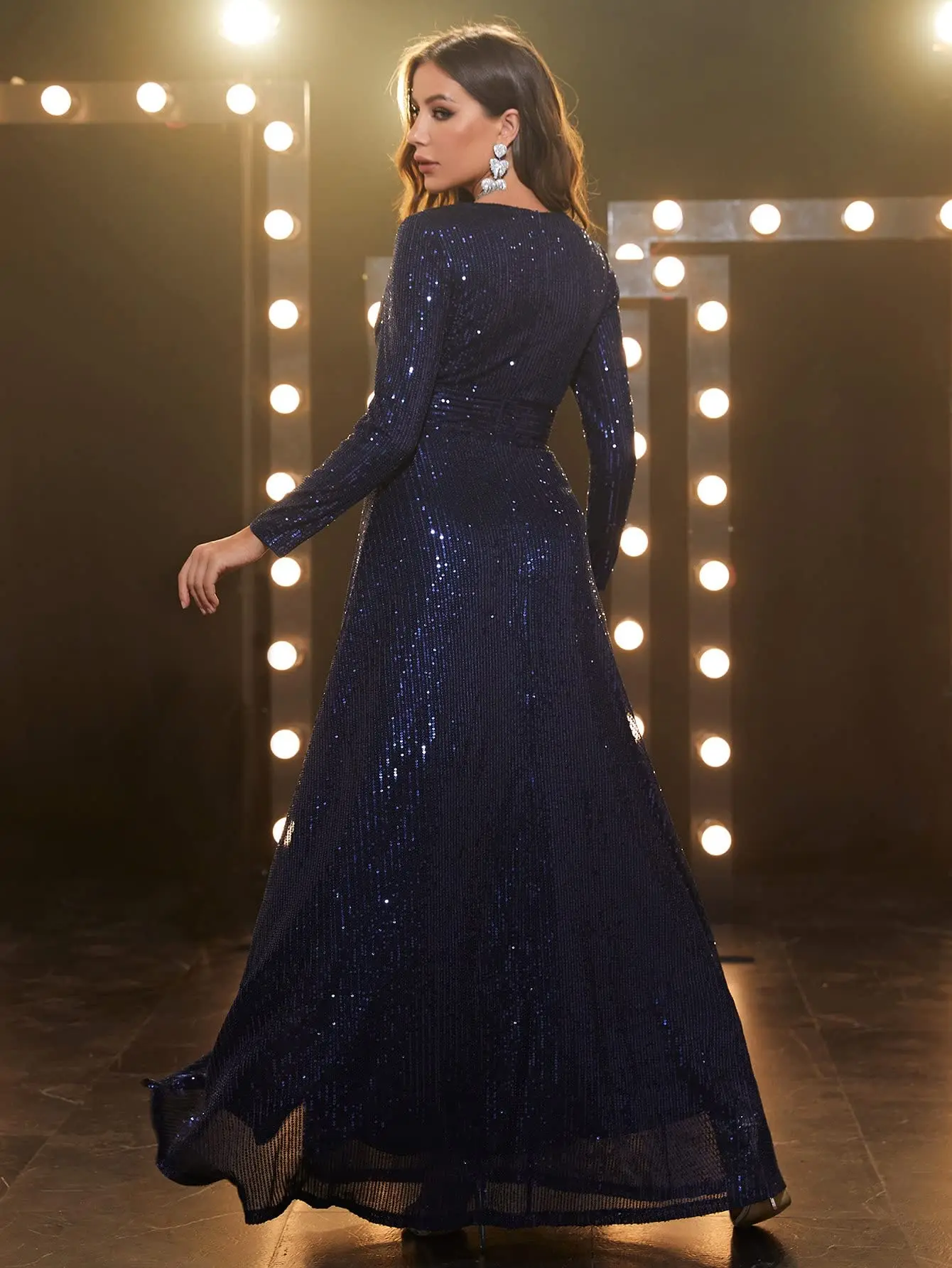 Sequin Prom Dress Formal Dresses For Women Elegant Long Sleeves A Line Porm Dress Party Cocktail Gowns With Slit Navy