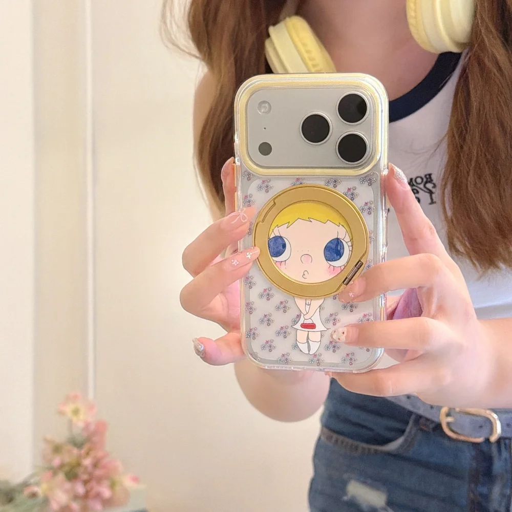 Korean Cute Little flower For MagSafe Phone Case For iPhone 17 16 15 16 Pro 17 Pro Max With Rotate Girl Stand Shockproof Cover