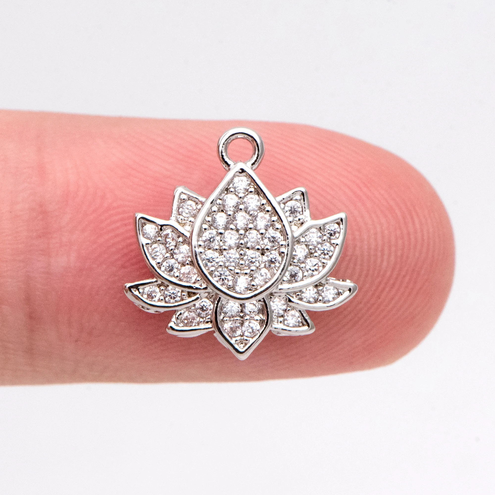 

4pcs CZ Paved Silver Tone Lotus Charm Pendants 13mm, Rhodium Plated Brass, Earring Charms (GB-321-2)