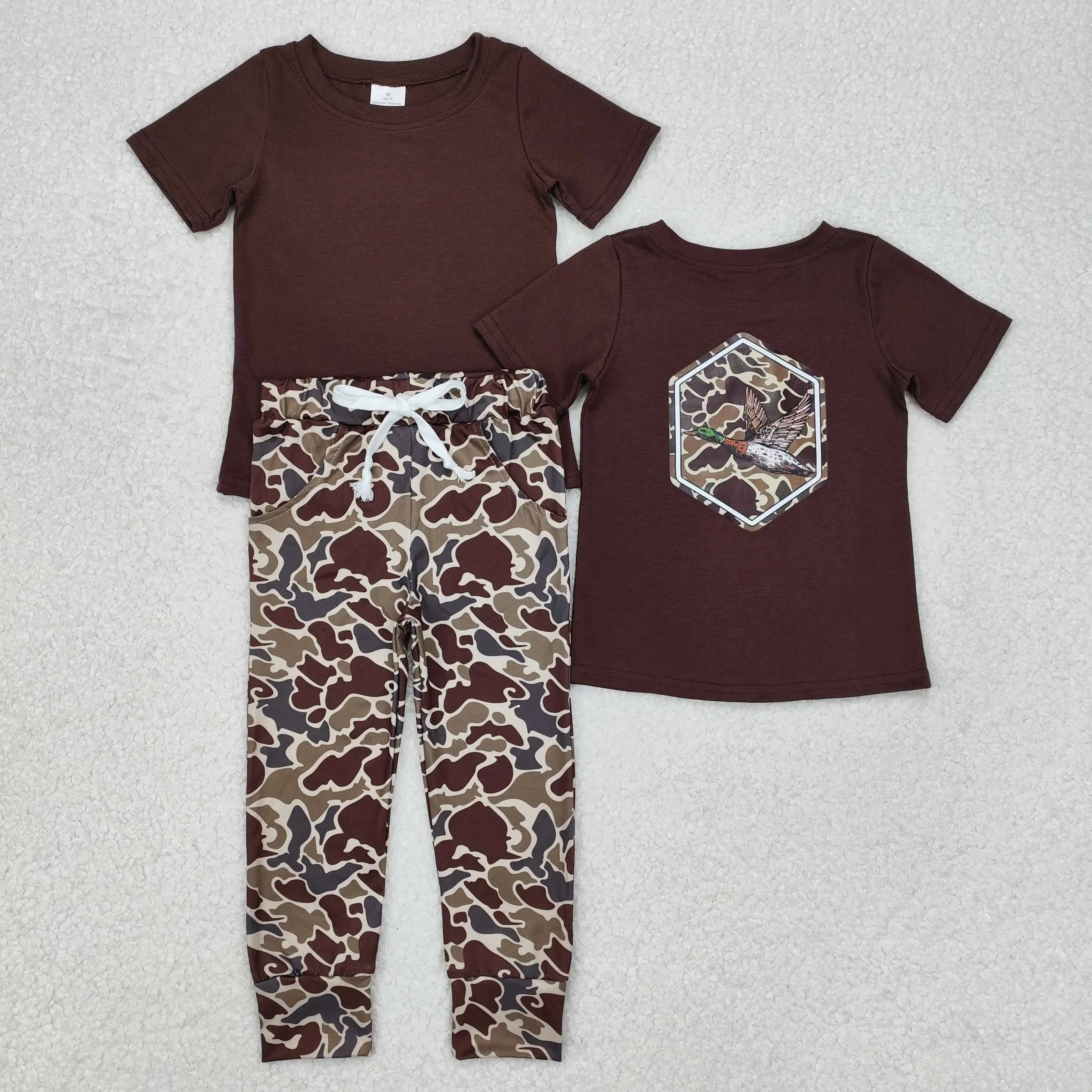 

New Fashion Baby Girls Boys Brown Camo Duck Top Pocket Pants Clothes Sets Wholesale Boutique Children Clothes