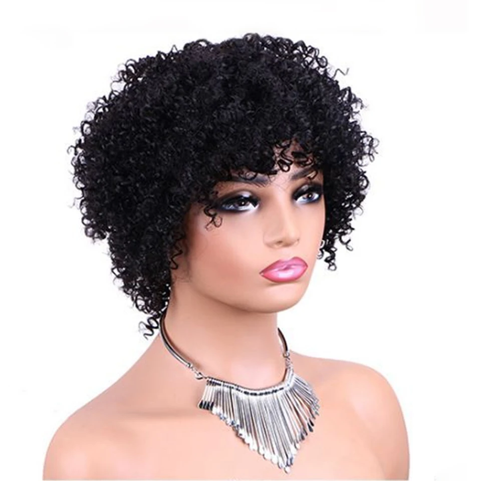 Perruque Brésilienne Afro Bouclée avec Frange pour Femme, Cheveux Naturels, Coupe Pixie Courte Bob, Densité 150%, Entièrement Faite à la Machine
