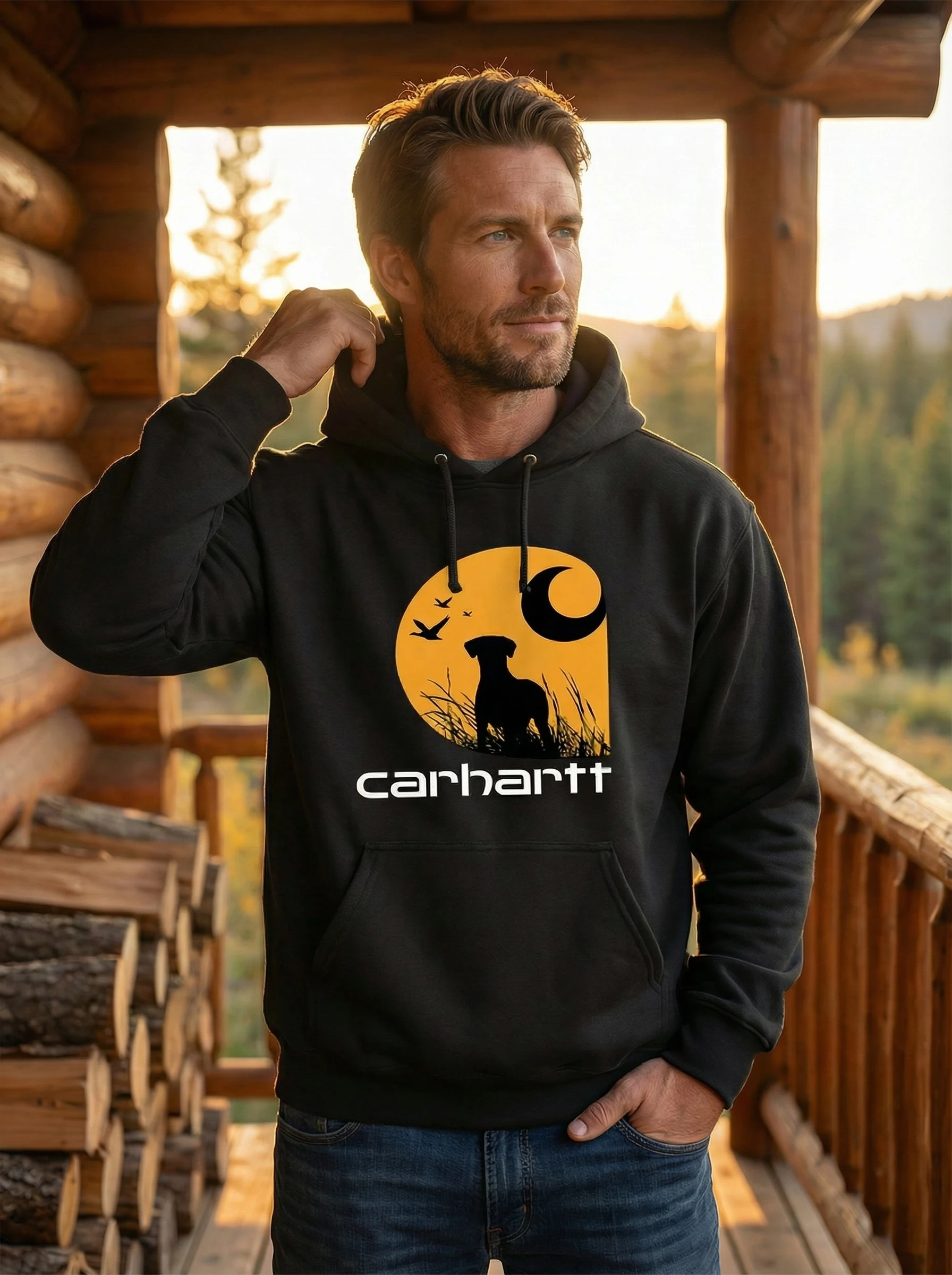 Men Heavyweight  Hoodie, Outdoor Wildlife Dog Moon Print Workwear Hooded Pullover Sweatshirt, Windproof Warm Hoodie for Fishing, Hunting, Camping & Daily Casual Wear