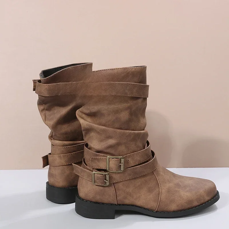 Bottes courtes avec boucle de ceinture pour femme, bottes de Cowboy décorées, talon compensé, semelle épaisse, antidérapantes, pour l'extérieur, voyage, automne et hiver