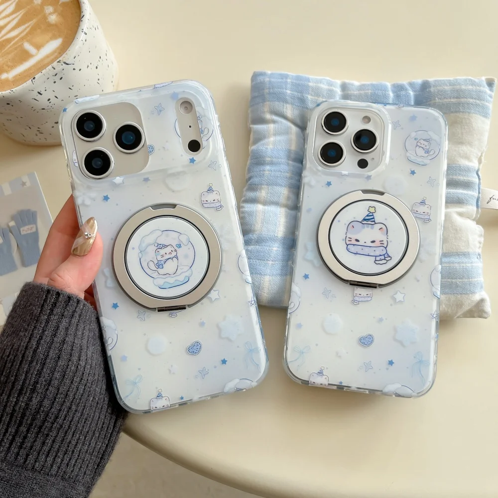 

Korean cute snowflake bubble cat holder mobile phone case, suitable for iPhone14/15/16/17 ProMax, 17 Pro new protective case