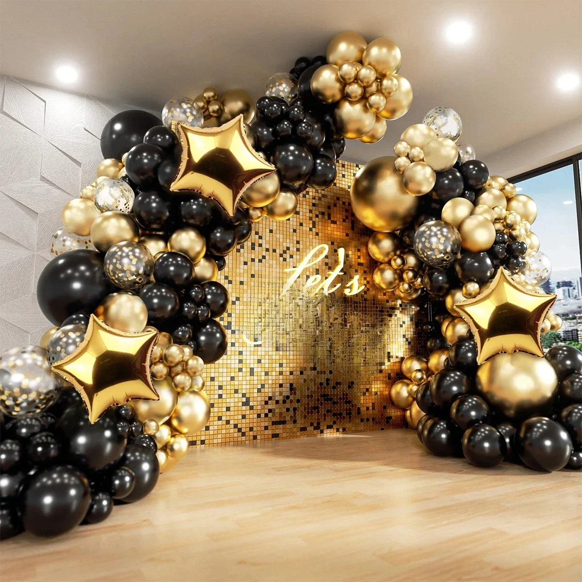 Guirlande de ballons en arc noir et or, 134 pièces, Kit avec ballons en aluminium Starburst, confettis en Latex, ballons mixtes, décor de fête d'anniversaire