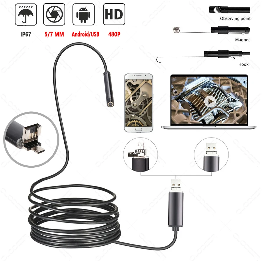 Endoscope d'Égout Automobile Silencieux pour Téléphone Portable Smartphone Android, Caméras d'Inspection Visibles, Vidange, 5.5 P, USB, 480mm, 7mm