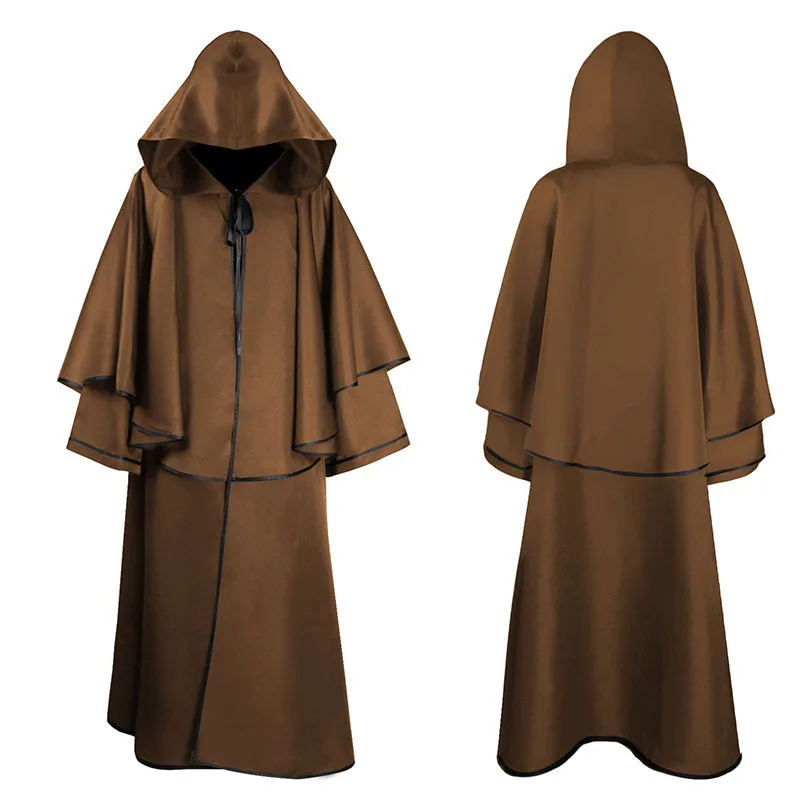 Men\'s Cloak Wizard Costume Medieval Hooded Robe Costume Monk Friar Robes Priest Costume Halloween Party Cosplay Death Ghost Suit