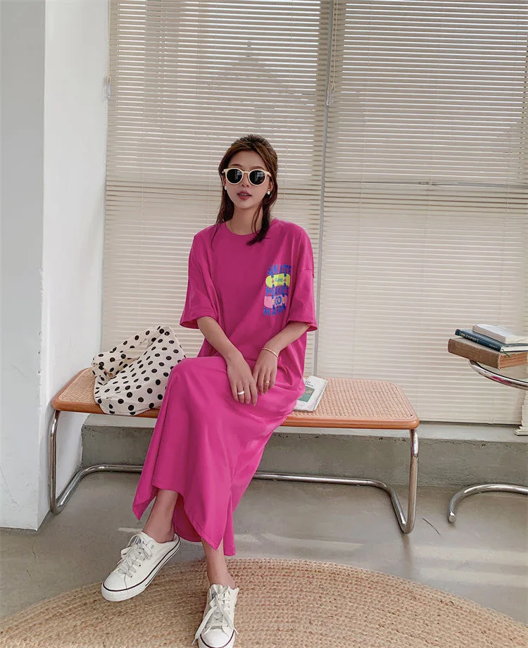 Women's O-Neck Loose Frock Graphic Long T-Shirts, Casual Streetwear, Letter Printing Maxi Blouse, Skirt Summer Female Clothes