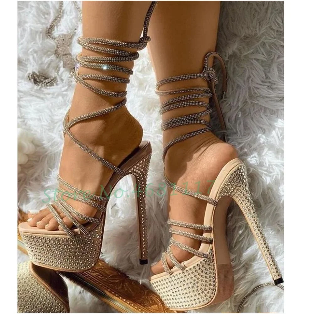 

Beige Full Crystal Straps Platform Sandals Women Lace-up Evening Dress Shoes High Heels Bling Open Toe Sparkling Female Sadnals