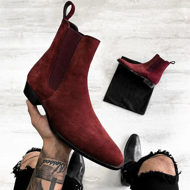 New In Wine Red Men Chelsea Boots Flock Round Toe Business Boots for Men with Low Heels Men Boots Bottes Pour Hommes Slip on — zdjęcie 2