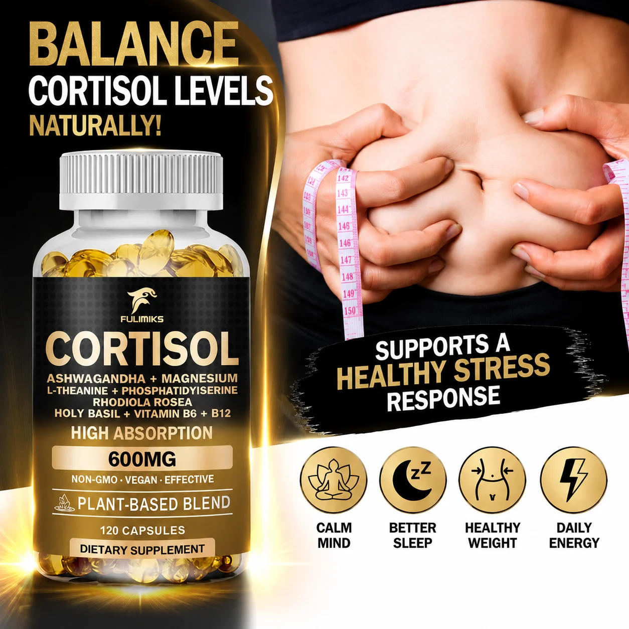Pure Cortisol Supplement, with Ashwagandha, Magnesium, Support Adrenal Health & Relief Stress, Lower High Cortisol Levels