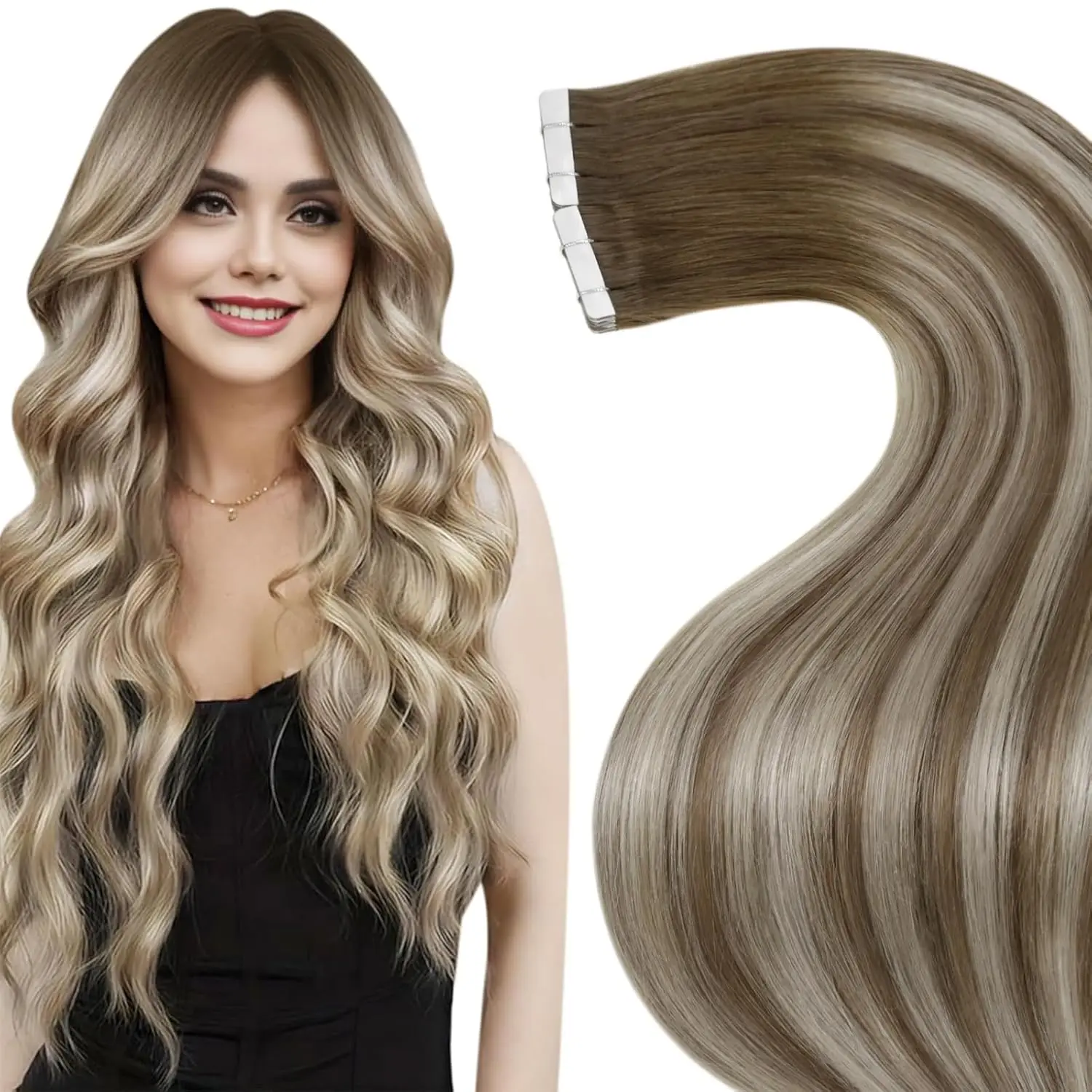 

Laavoo Tape in Real Hair Extensions Natural Straight Balayage Color Brazilian Extensions 100% Brazilian Human Hair Tape in Hair