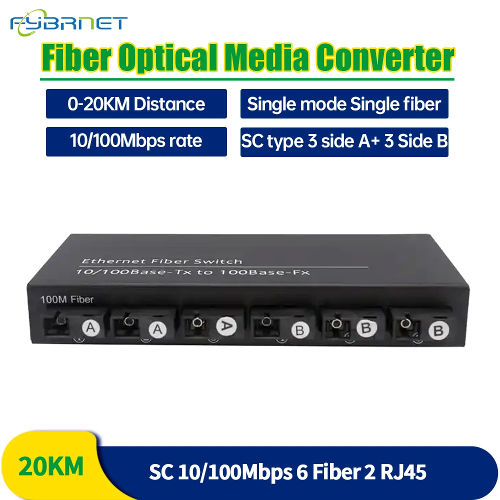 6F2E 10/100M 2*RJ45 6*SC 1310/1550nm simplex fiber Port 20KM Fast Ethernet Switch Media Converter