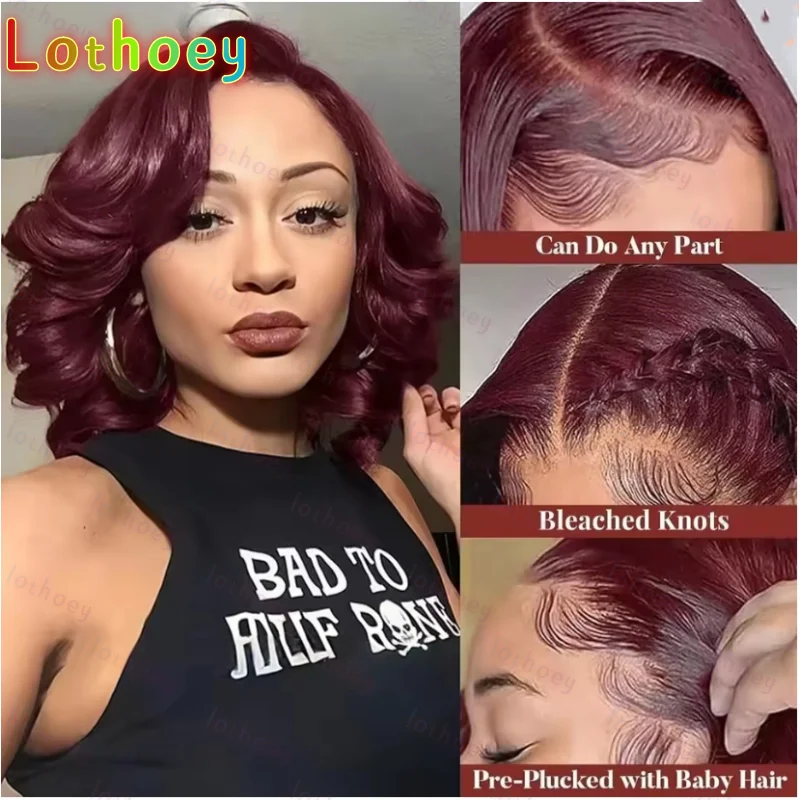 Бордовый парик Боб, 100% натуральные человеческие волосы, фронтальный парик шнурка, человеческие волосы, бесклеевые свободные объемные парики для чернокожих женщин