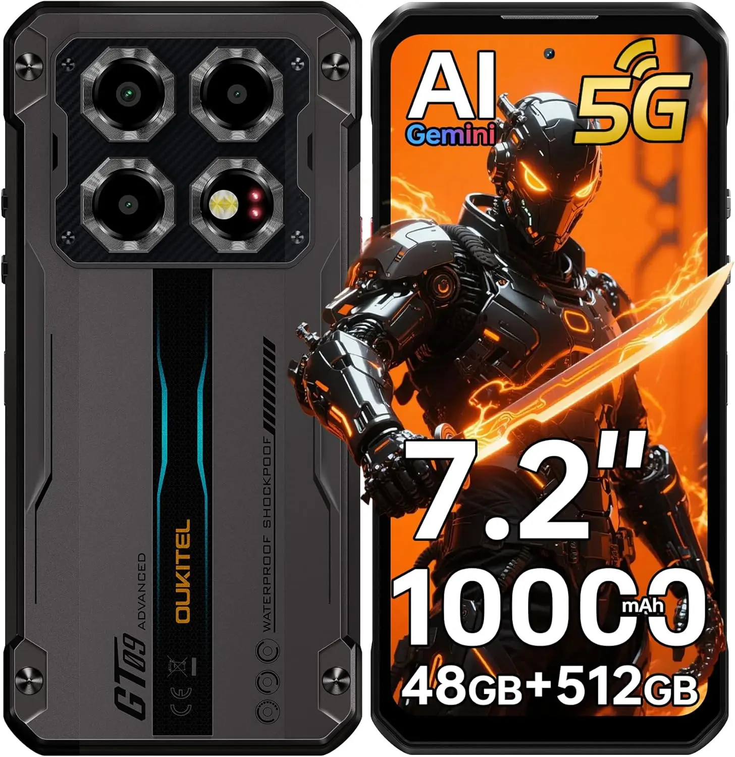 OUKITEL WP60 5G Robustes Smartphone, Entsperrt, 7,2-Zoll-Display, 10000mAh/33W, 48GB RAM+512GB ROM/TF 2TB, 108MP Kamera, IP68/IP69