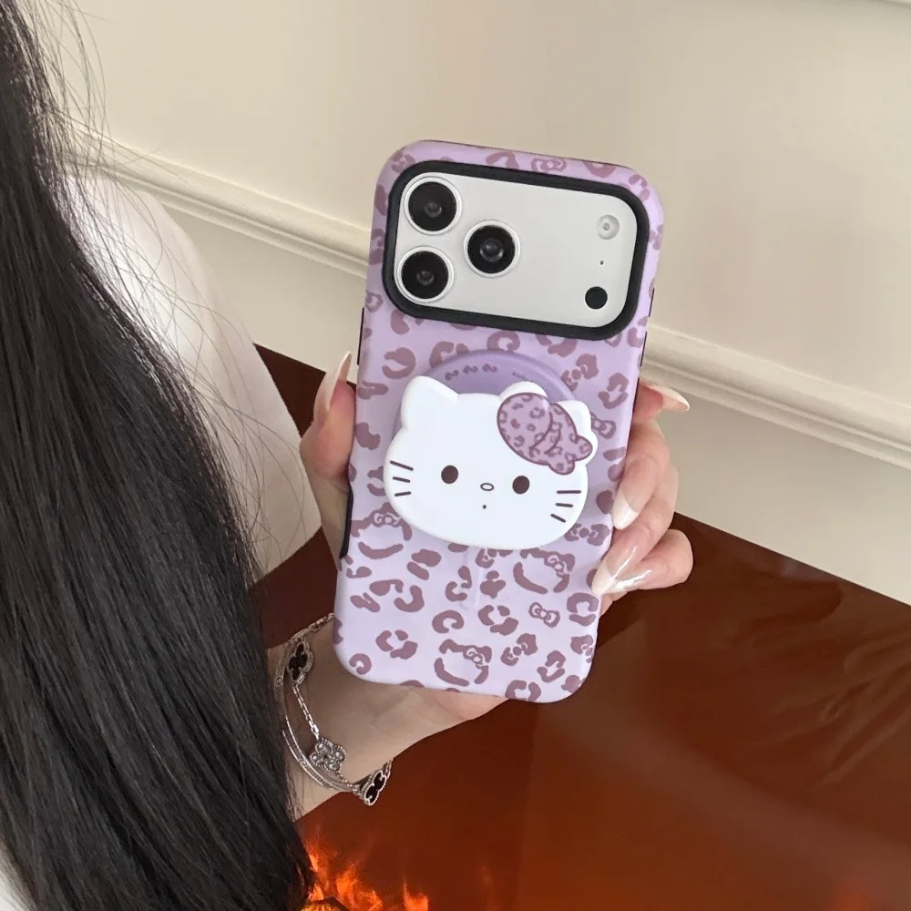 Cute Purple Leopard Print Cartoon Cat Phone Case for iPhone 18 Pro 15 16 17 18 Pro Max with Magsafe Holder Kawaii Anti-Fall Case