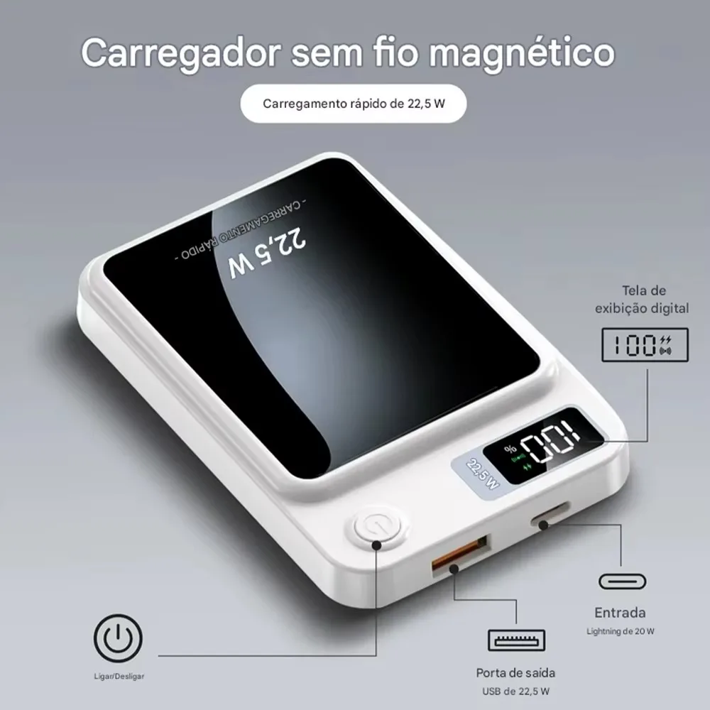 Carregador Portátil 10000mAh, Base Magnética, Display Digital, Indução Sem Fio