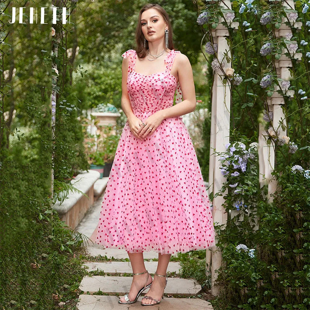 JEHETH Roze Harten Prom Jurk Midi Elegante Vrouwen A-lijn Sweetheart Tulle Open Terug Avondjurk Mouwloos فساتين مناسبة رسمية Het thee bal Een feestje met blote rug en rimpels Italiaanse schouderriem Roze perzik bal jur