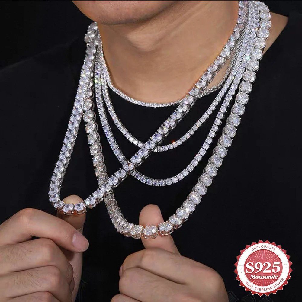 

S925 Sterling Silver Hiphop Synthetic Moissanite Tennis Chain Fashion Trend Necklace Engagement Party Men Women Jewelry Gift