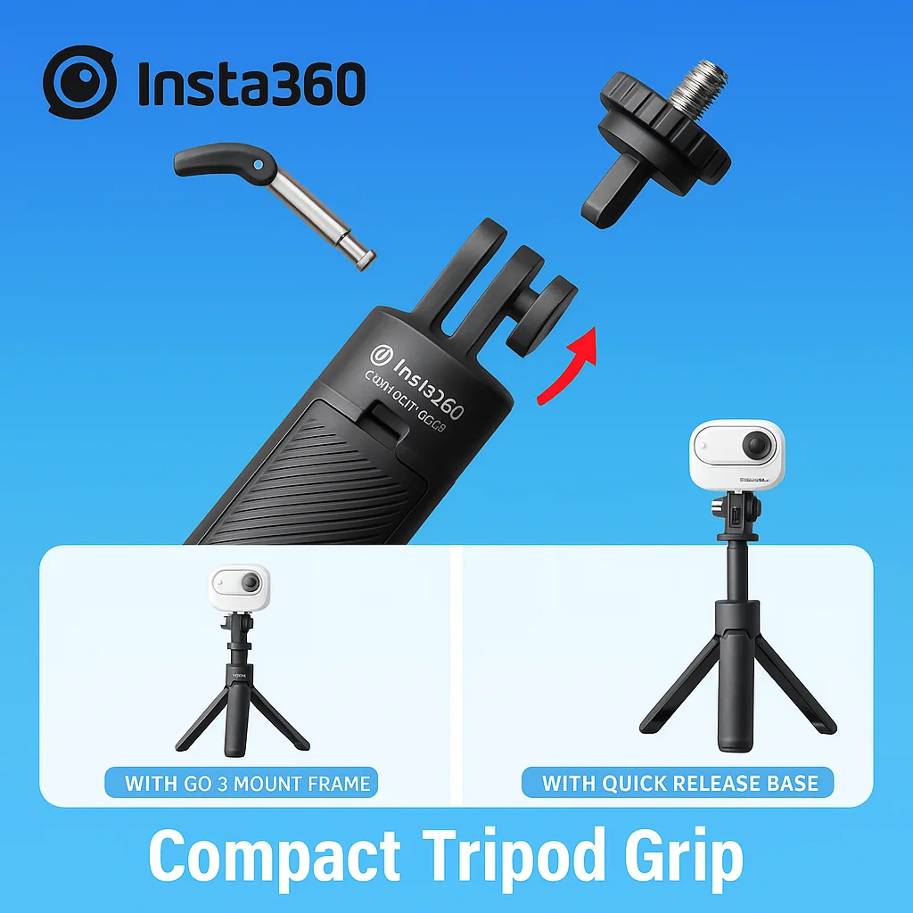 Pour poignée de trépied compacte pour Insta360 GO 3 / X5 / Ace Pro 2 |   Bâton extensible pliable avec adaptateur 1/4" |   Accessoire de montage