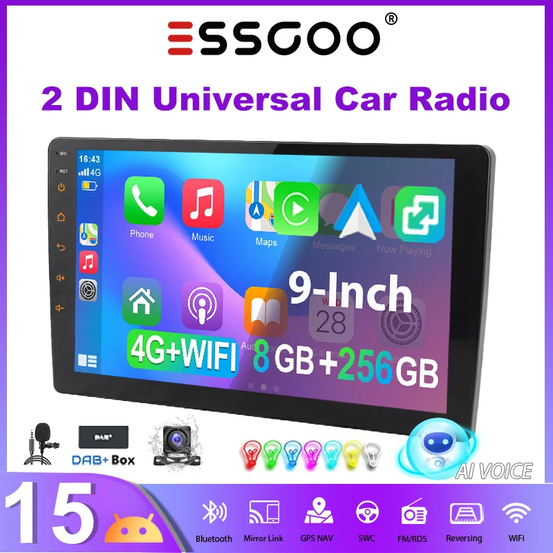 ESSGOO 9 Zoll 8+256GB Android 15 Kabelloses Carplay 4G LTE Autoradio GPS NAVI WIFI RDS FM Bluetooth Android Auto Mirror Link SWC