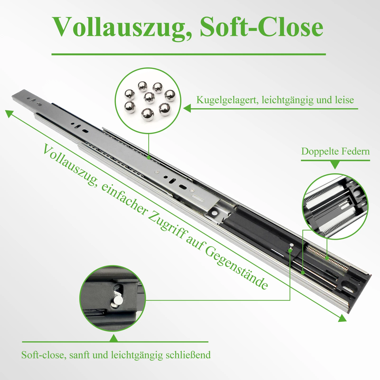 Schubladenführungsschiene 12~20 Zoll kaltgewalzte Stahlschubladenschiene 45mm breit weiche Schließung dreiteilige Gleitschiene