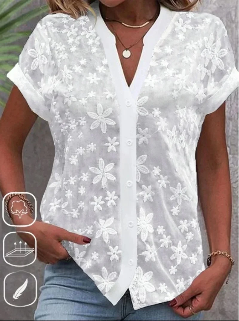 Cropped Shirt White Lace Blouse Eyelet Cut Embroidery Top Wear Hollow Out Odzież letnia dla kobiet — zdjęcie 2
