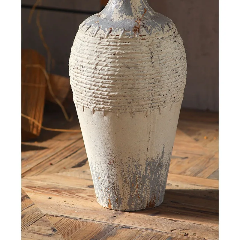 Tall Vintage MgO Ovoid Vase, Distressed Gray White Textured Bands, 75cm Floor Standing Farmhouse Decor