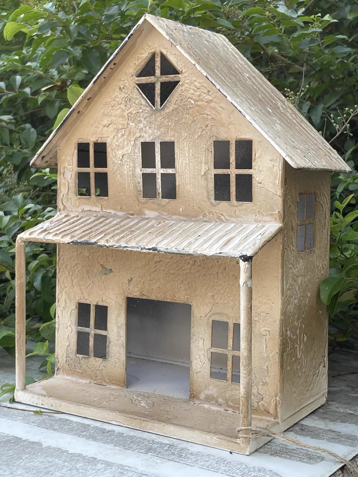 Vintage Distressed Metal House Candle Holder, Tabletop or Wall-Mounted Rustic Lantern Farmhouse Home Decor