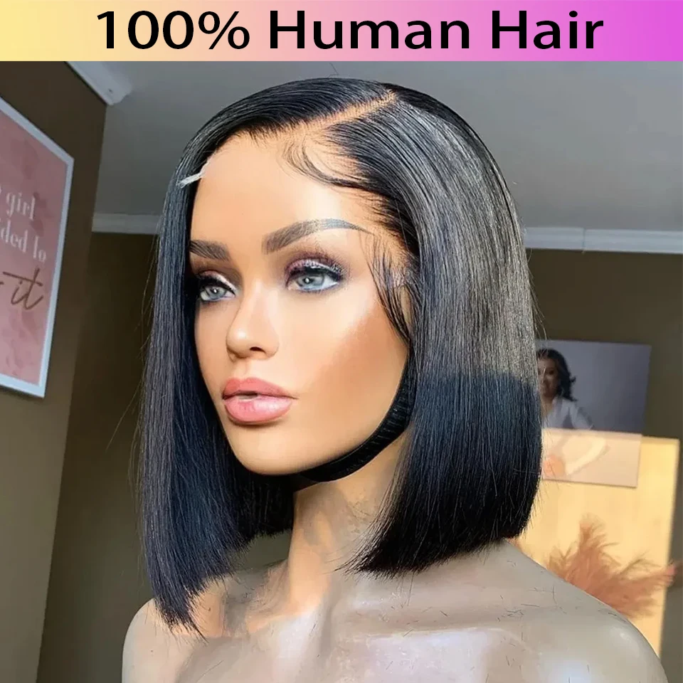 Peruca reta Bob para mulheres negras, cabelo humano, frente de renda, pré-arrancada, preto natural, pré-arrancada, densidade de 200%, 1B, 13x4